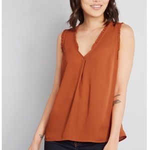 Modcloth V-Neck Ruffle Trim Top Rust Sienna Color Sleeveless Soft Pleat Drape